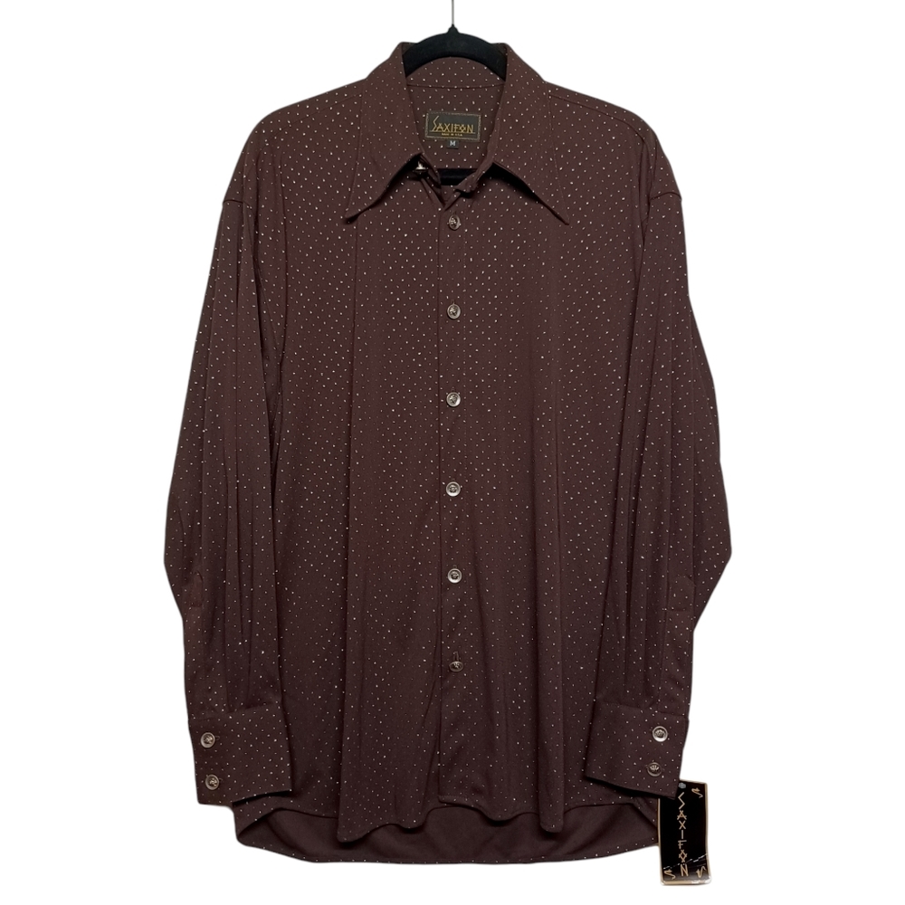 VTG SAXIFON Metallic Silver Polka Dot Print Brown Button Long Sleeve Top M NWT
